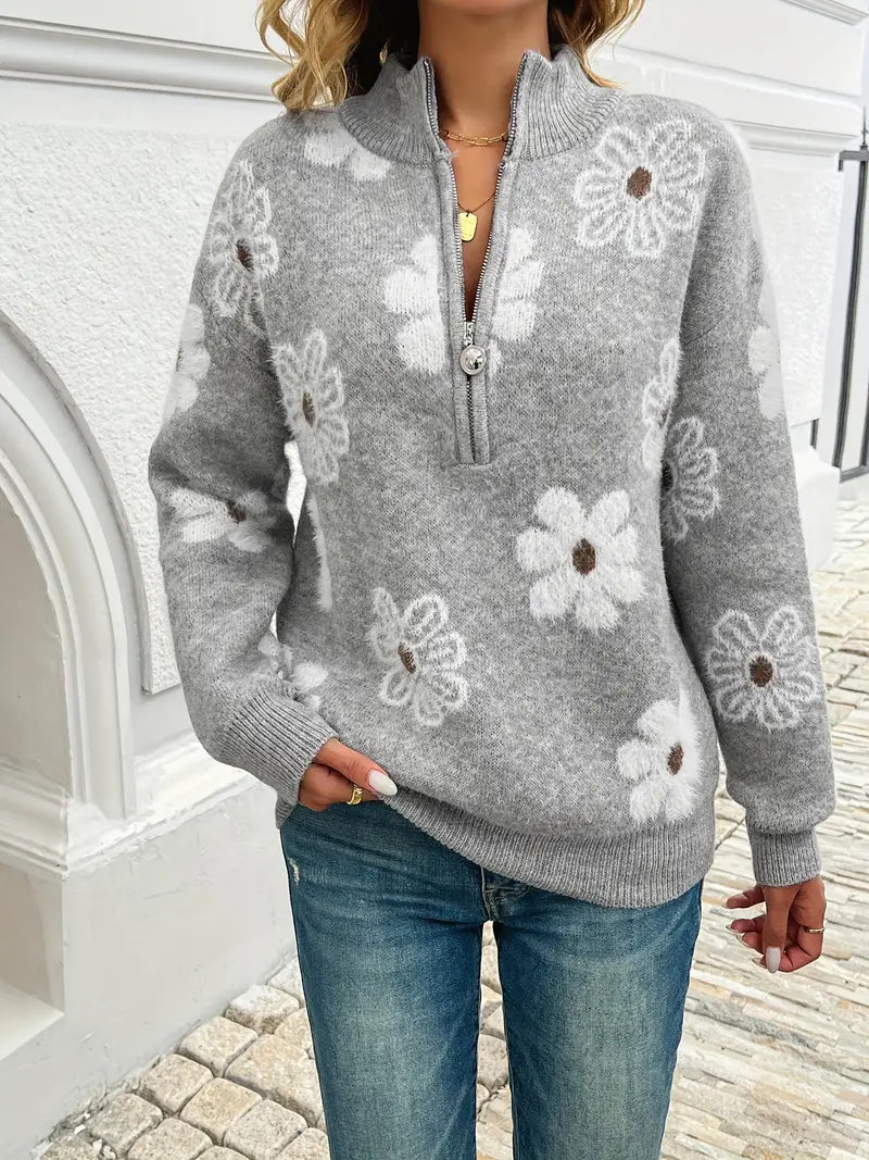 Paula - Sweater à zip floral à épaules tombantes