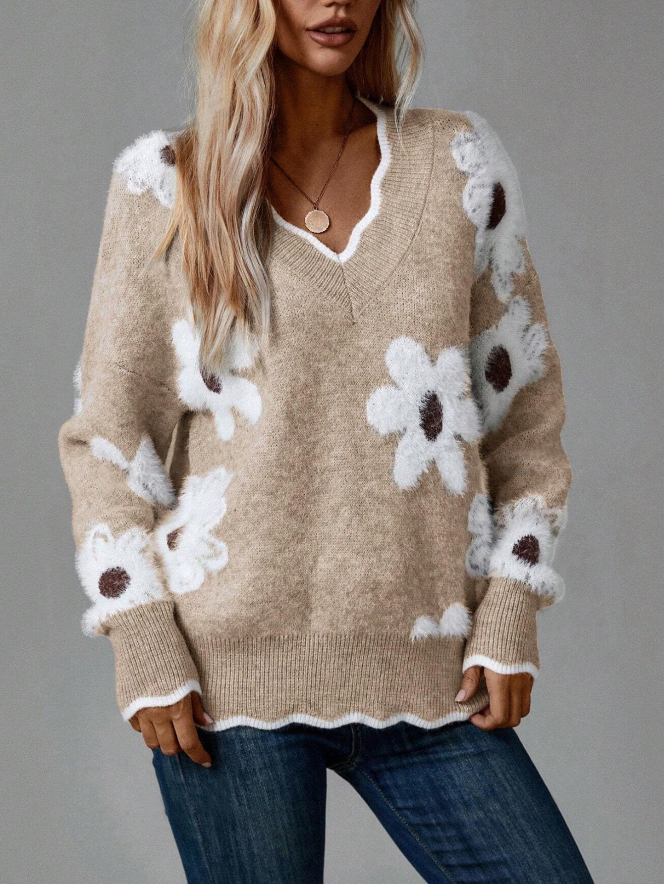 Florentine - Pull Floral Élégant avec Bordure Festonnée