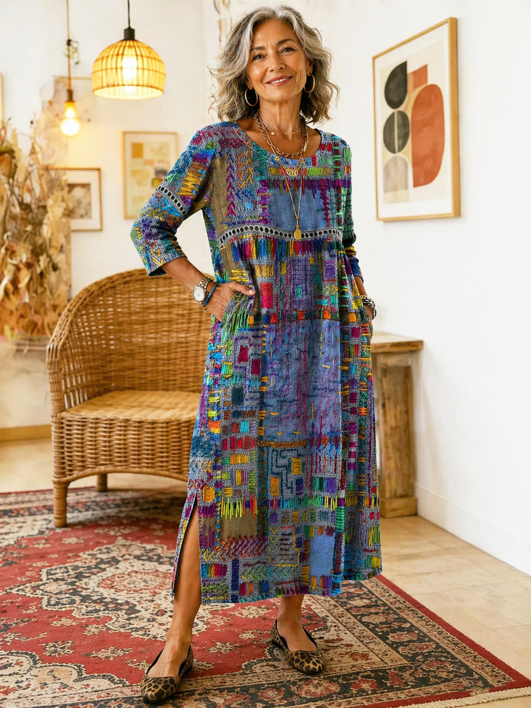 Manuela | Robe Imprimée avec Patchwork Ethnique
