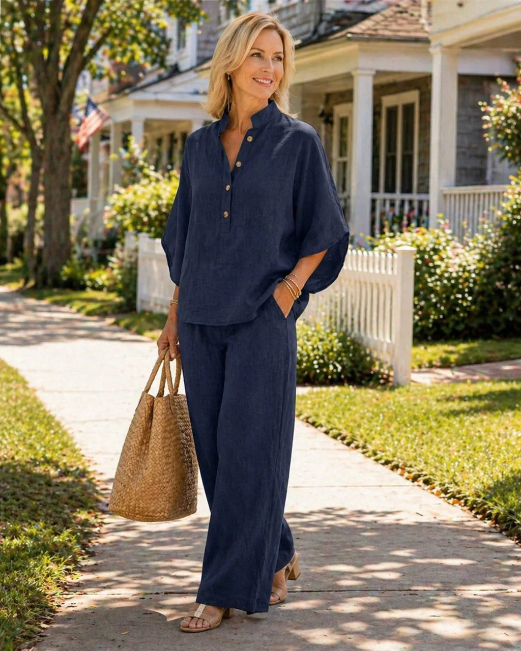 Marianne | Ensemble complet en lin avec manches chauve-souris et pantalon ample