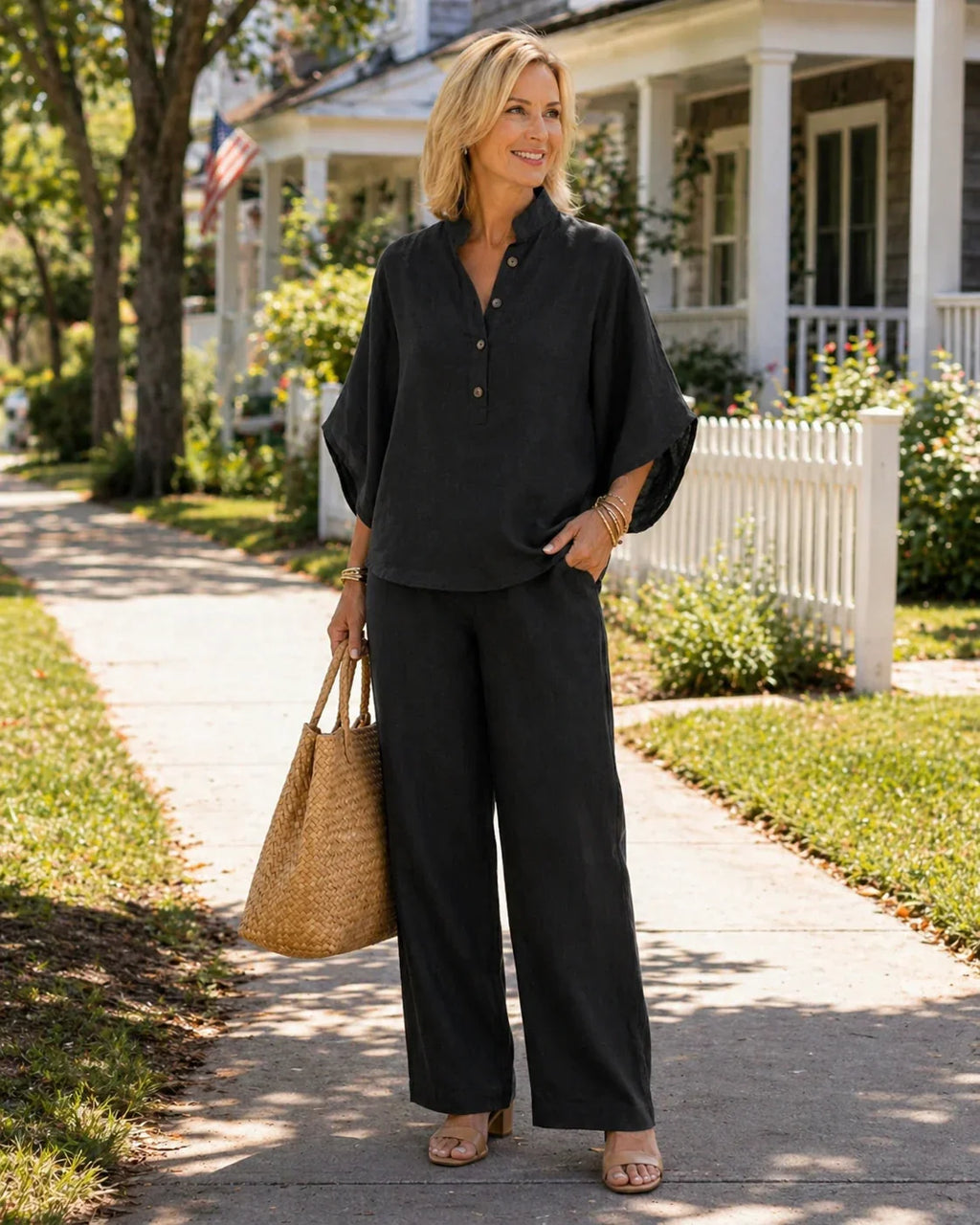 Marianne | Ensemble complet en lin avec manches chauve-souris et pantalon ample