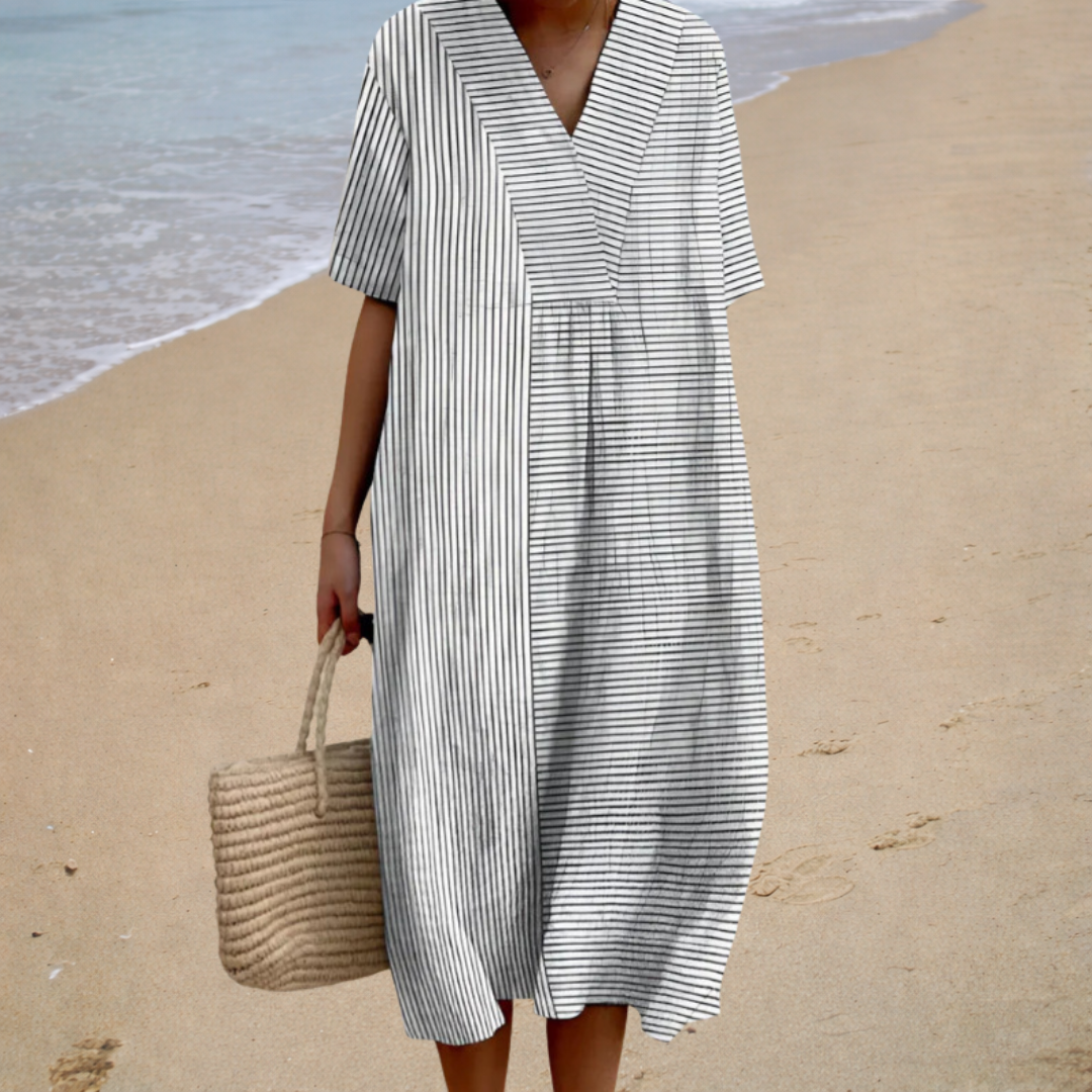 Delphine | Robe Midi Rayée Chic et Flatteuse