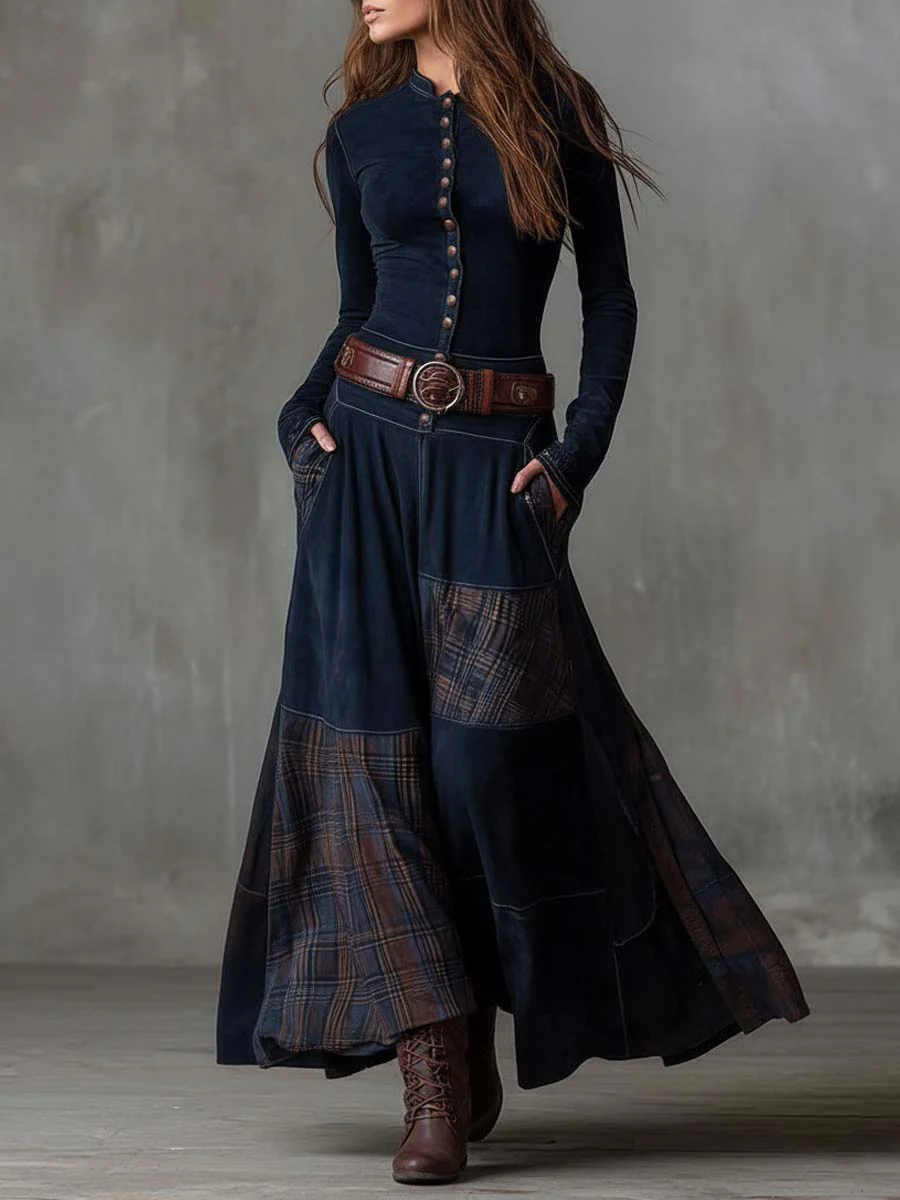 Eliza | Vintage Suede-Effect Plaid Maxi Dress
