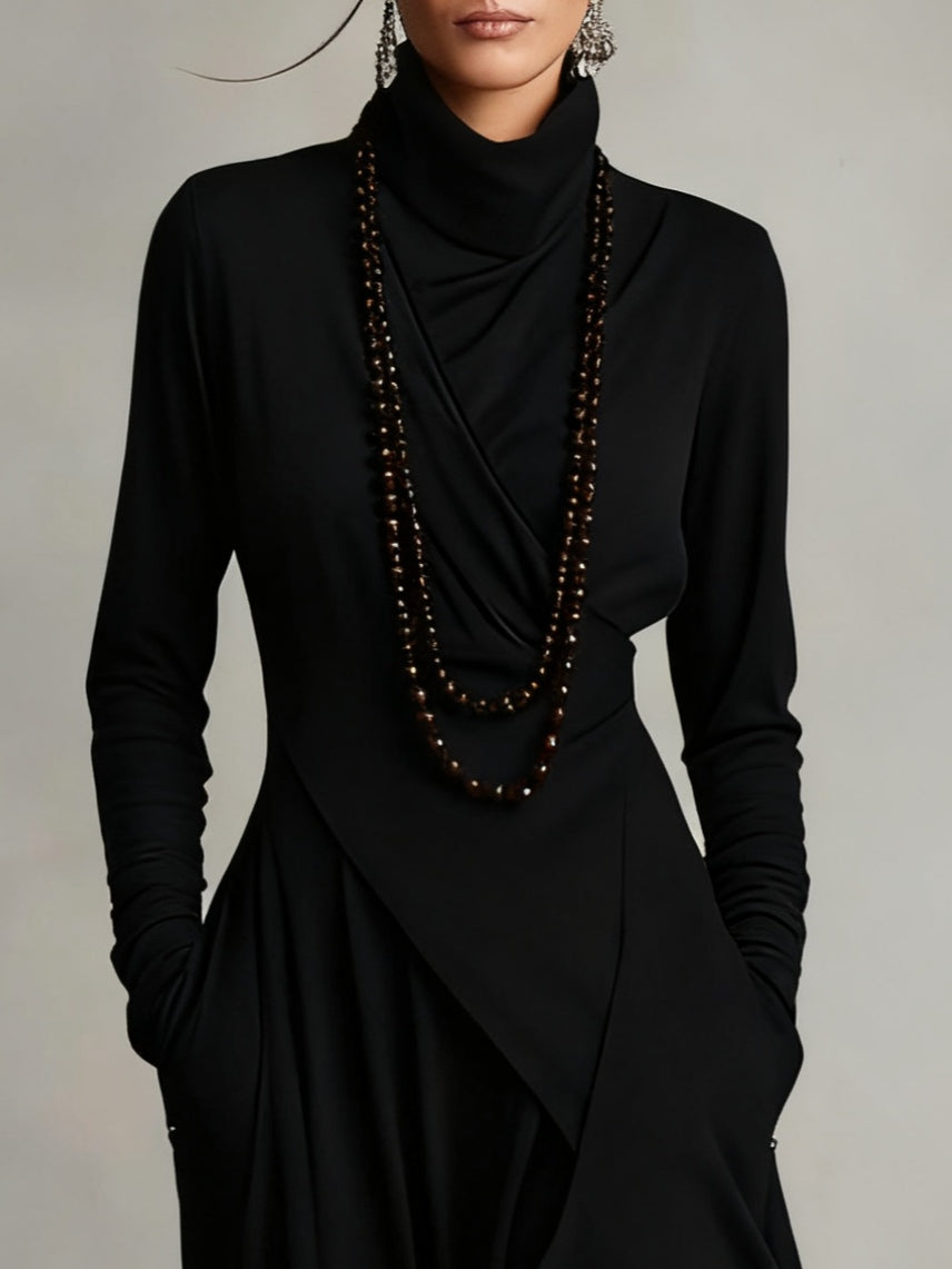 Seraphina | Asymmetrical Pleated Turtleneck Maxi Dress