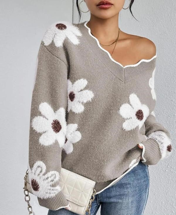 Florentine - Pull Floral Élégant avec Bordure Festonnée