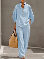 Marianne | Ensemble complet en lin avec manches chauve-souris et pantalon ample