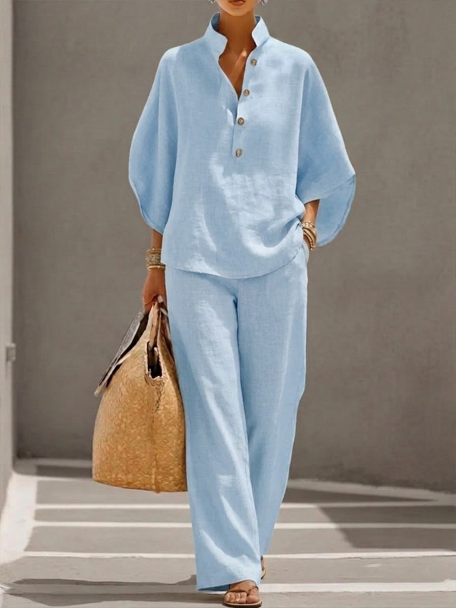Marianne | Ensemble complet en lin avec manches chauve-souris et pantalon ample